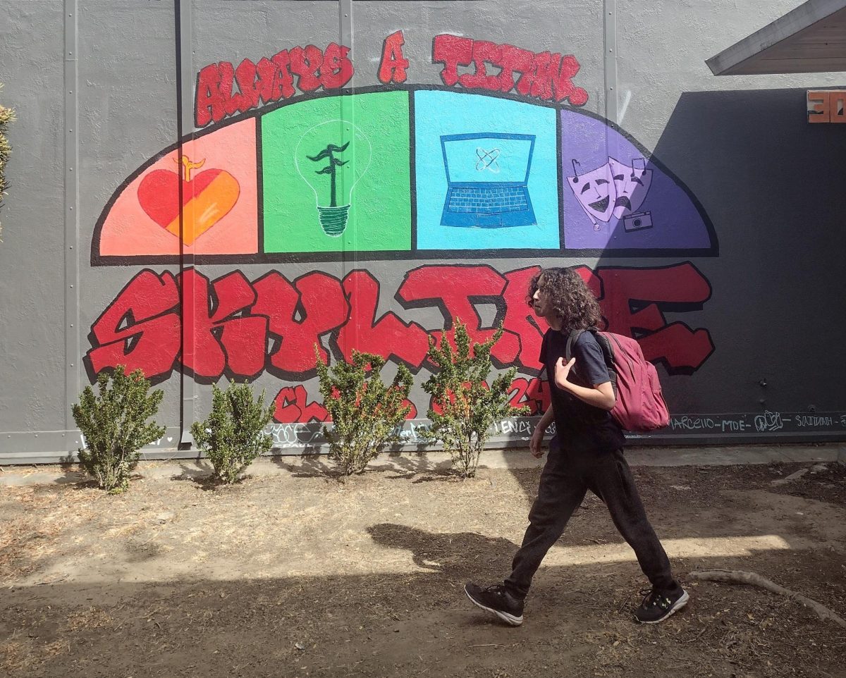 Freshman Cameron Ogden walks past a two-year-old mural that is already outdated. That's because two of the pathways on the mural are now closed. Students in Computer and VAPA pathways were placed in Arts Entertainment & Design pathway in August. Community Health &
Education and Green Energy pathways remain open.